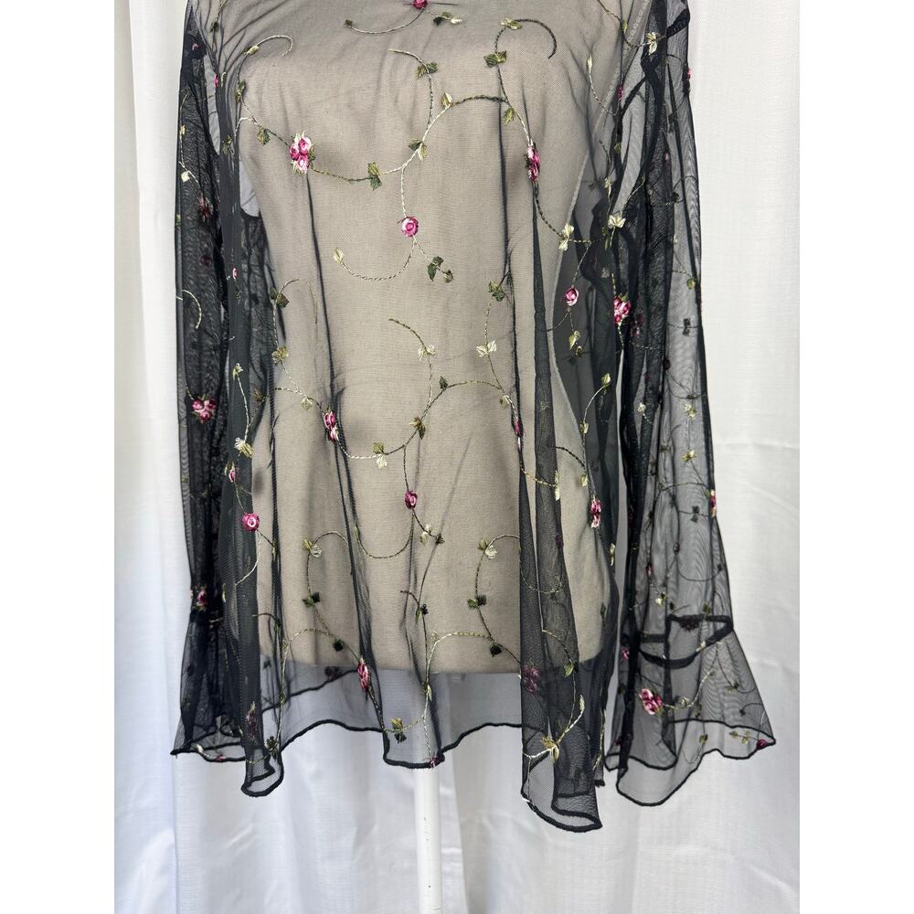POL Mesh Floral Embroidered Top L Fairy Grunge Coquette Sheer Bell Sleeve - Picture 4 of 8